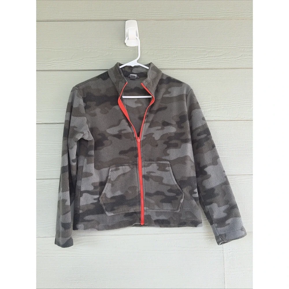 Eddie Bauer Gray Camo‎ Camouflage Full Zip Fleece Jacket Unisex Kid Medium 10-12